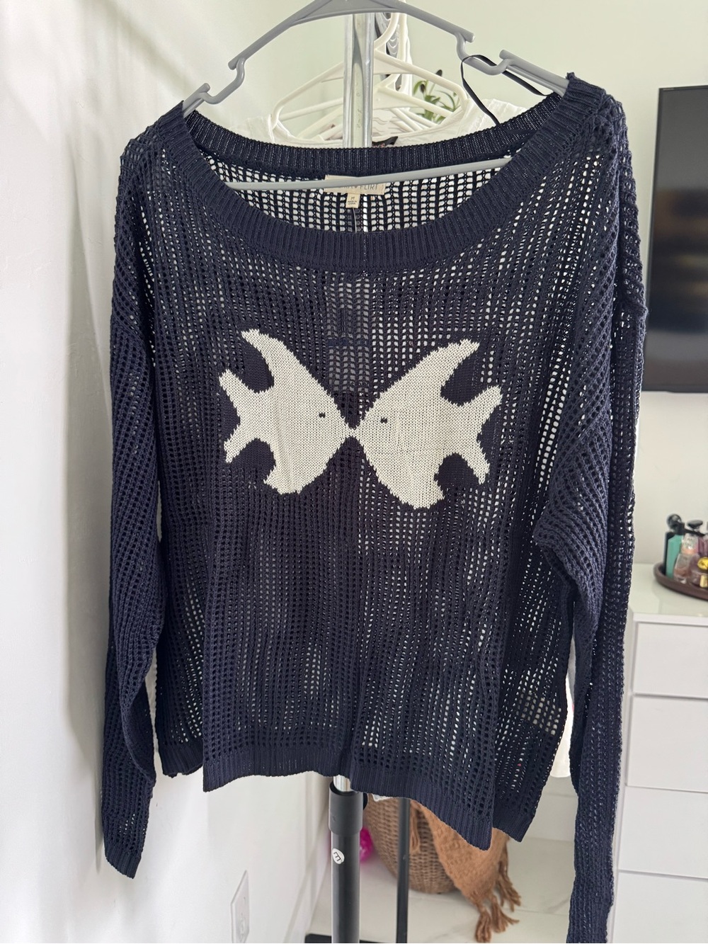 Ultra Flirt Navy Open-Knit Sweater with White Fish Motif